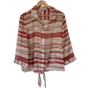 Chico's Red Gray Striped Blouse 3/4 sleeve semi sheer button front shirt 3 or XL